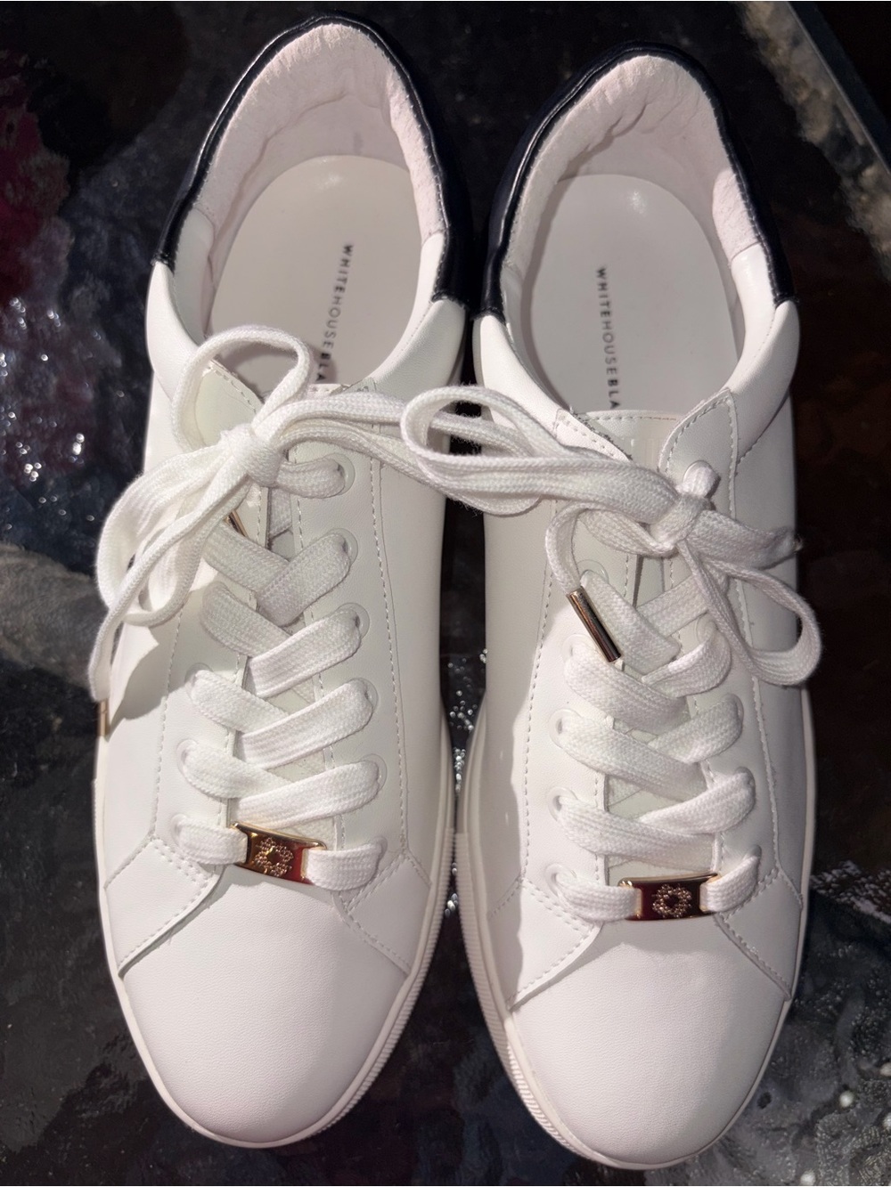 White House Black Market White Leather Sneakers with Black Heel Tab